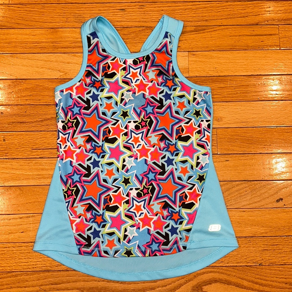 Skechers Workout Exercise Tank Top Shirt Blue Stars Racerback Medium Girls 7-8